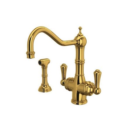 ROHL Faucet With Sidespray And 9" Column Spout In Unlacquered Brass U.1570LS-ULB-2